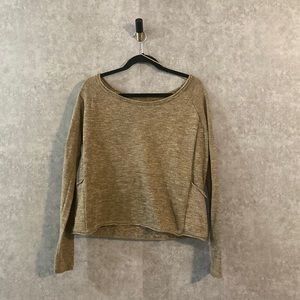 Zara 100% Cotton Wide Neck Tan Dark Gold Heathered Sweater Pockets Marled Knit